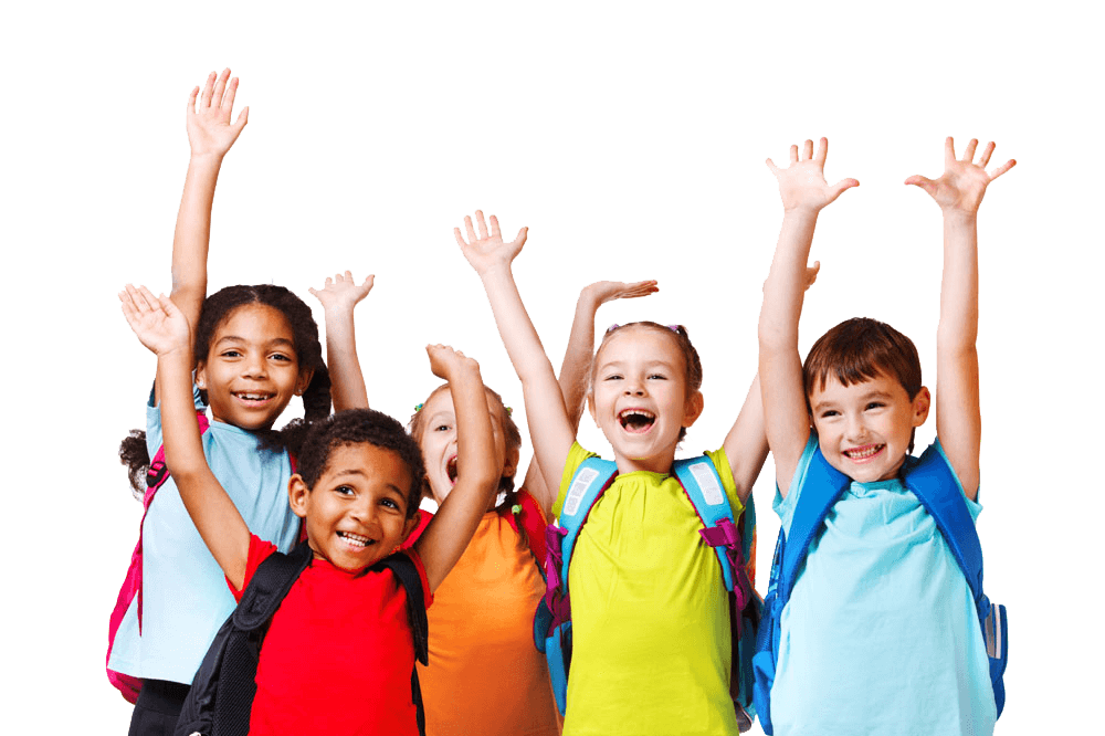 A group of children joyfully raising their hands in the air, expressing excitement and enthusiasm.